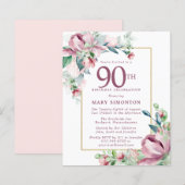 Budget Pink Floral 90th Birthday Invitation (Voorkant / Achterkant)