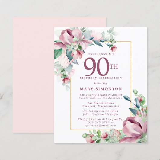 Budget Pink Floral 90th Birthday Invitation (Voorkant / Achterkant)