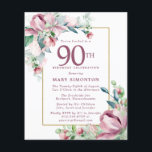 Budget Pink Floral 90th Birthday Invitation<br><div class="desc">Elegante 90ste verjaardagsfeestuitnodiging sjabloon met een gouden lijst en twee arrangementen van blush roze rozen. Alle tekst kan worden bewerkt.</div>