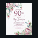 Budget Pink Floral 90th Birthday Invitation<br><div class="desc">Elegante 90ste verjaardagsfeestuitnodiging sjabloon met een gouden lijst en twee arrangementen van blush roze rozen. Alle tekst kan worden bewerkt.</div>