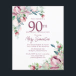 Budget Pink Floral 90th Birthday Invitation<br><div class="desc">Elegante 90ste verjaardagsfeestuitnodiging sjabloon met een gouden lijst en twee arrangementen van blush roze rozen. Alle tekst kan worden bewerkt.</div>