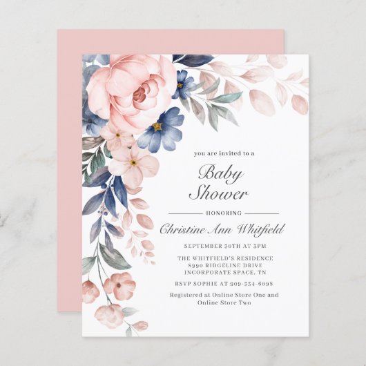 Budget Pink Floral Baby shower Uitnodiging (Voorkant / Achterkant)