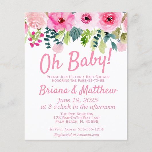 Budget Pink Floral Baby shower Uitnodiging Flyer (Voorkant)