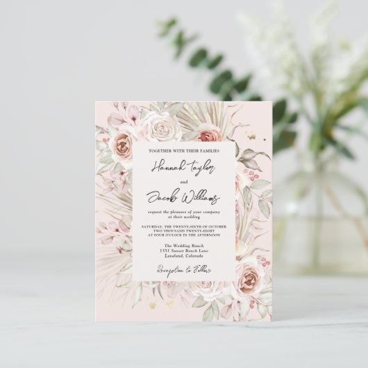 Budget PInk Floral Boho Rustic Wedding Uitnodiging (Staand voorkant)