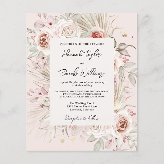 Budget PInk Floral Boho Rustic Wedding Uitnodiging (Voorkant)