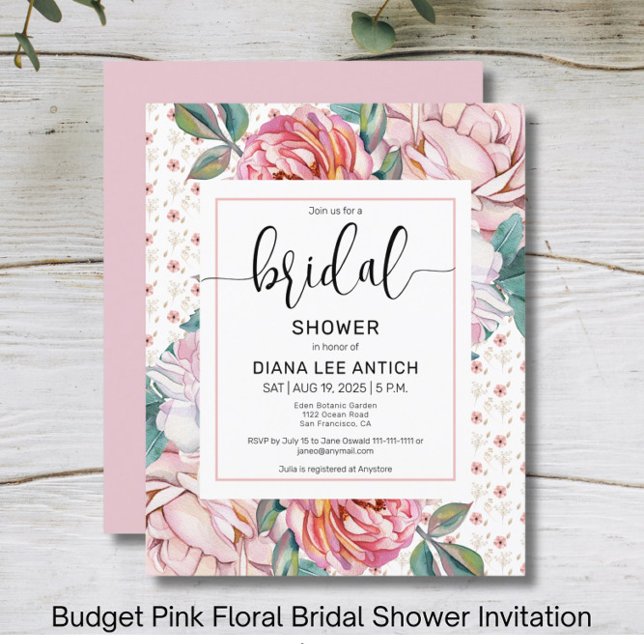 Budget Pink Floral Bridal Shower Invitation (Creator heeft geüpload)