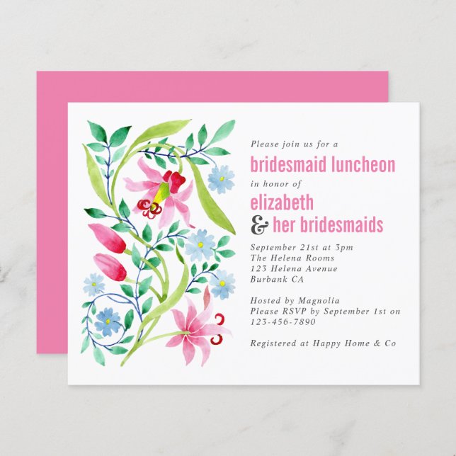 Budget Pink Floral Bridesmaid Luncheon Uitnodiging (Voorkant / Achterkant)