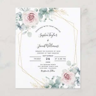 Budget Pink Floral Eucalyptus Weduwen Uitnodiging