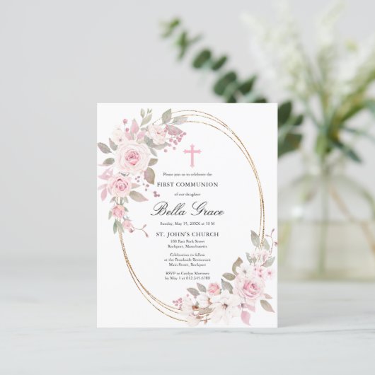 Budget Pink Floral First Holy Communion Invitation (Staand voorkant)