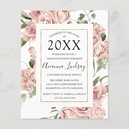 Budget Pink Floral Foto Back Graduparty Flyer (Voorkant)
