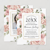 Budget Pink Floral Foto Graduation Party nodigt ui (Voorkant / Achterkant)