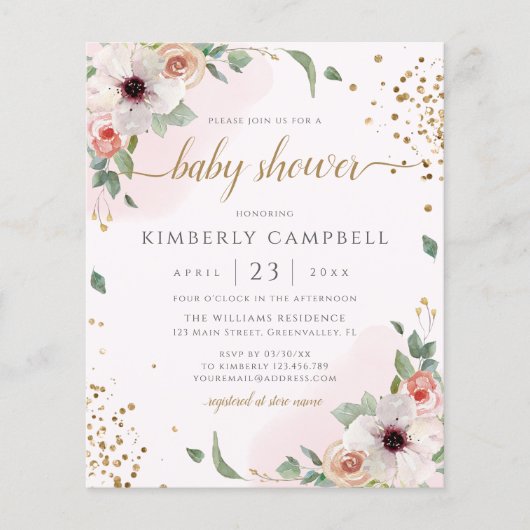 Budget Pink Floral Girl Baby shower (Voorkant)