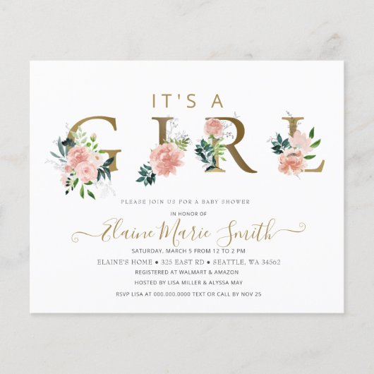 Budget Pink Floral Girl Baby shower (Voorkant)