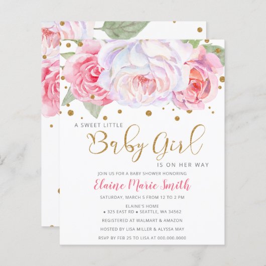 Budget Pink Floral Girl Baby shower (Voorkant / Achterkant)