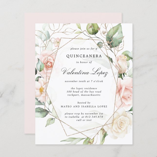 Budget Pink Floral Quinceanera Party Uitnodiging (Voorkant / Achterkant)