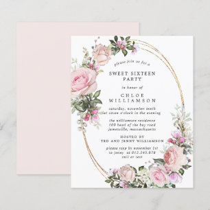 Budget Pink Floral Sweet 16 Party Invitation