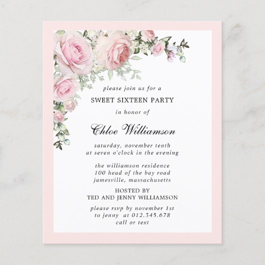 Budget Pink Floral Sweet 16 Party Invitation (Voorkant)