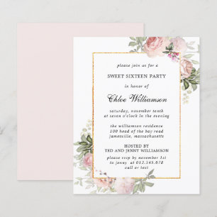 Budget Pink Floral Sweet 16 Party Invitation