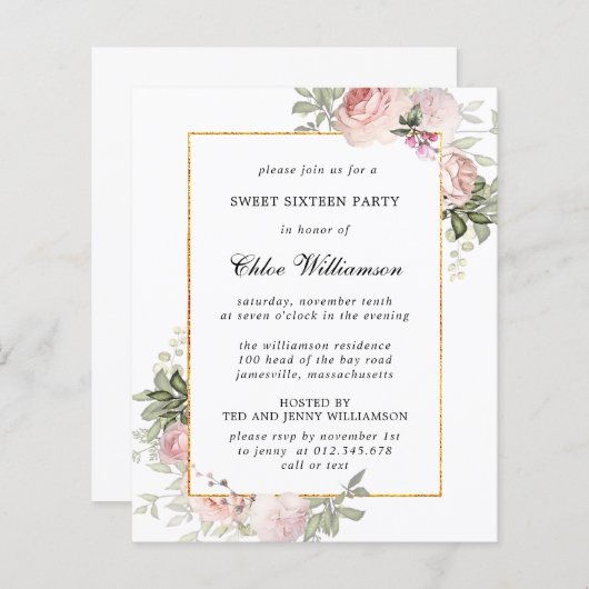 Budget Pink Floral Sweet 16 Party Invitation (Voorkant / Achterkant)