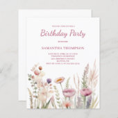 Budget Pink Floral Verjaardag Uitnodiging (Voorkant / Achterkant)