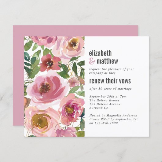 Budget Pink Floral Vow Renewal Uitnodiging (Voorkant / Achterkant)