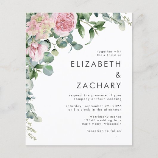 Budget Pink Floral Waterverf Weddenschap (Voorkant)