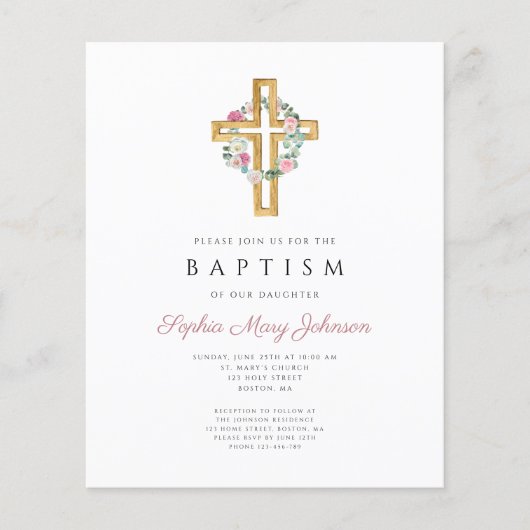Budget Pink Floral Wreator Cross Baptism Uitnodigi (Voorkant)