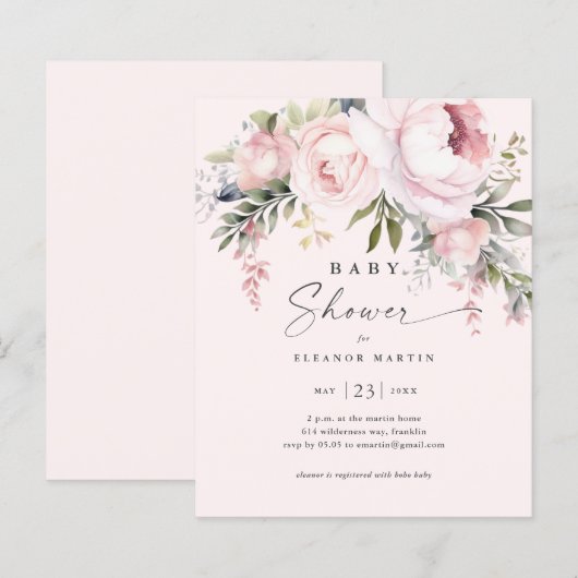 Budget Pink Flowers Tuin Baby shower Invitation (Voorkant / Achterkant)
