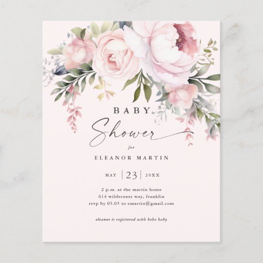 Budget Pink Flowers Tuin Baby shower Invitation (Voorkant)