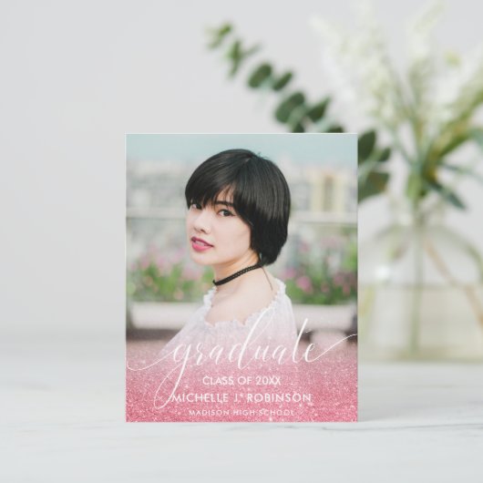 BUDGET PINK Glitter Ombre Girly Foto Afstuderen (Staand voorkant)