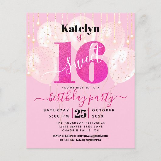 Budget Pink Glitter Sweet 16 Balloons Uitnodiging (Voorkant)