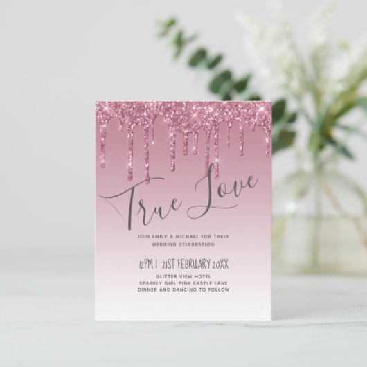 BUDGET Pink Glitter Wedding Invitting (Staand voorkant)