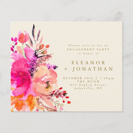 Budget Pink Gold Floral Engagement Party nodigt ui (Voorkant)