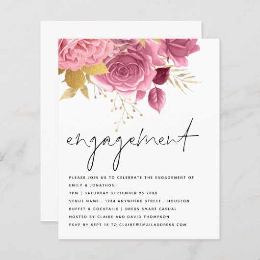 Budget Pink Gold Florals Engagement Party nodigt u (Voorkant / Achterkant)