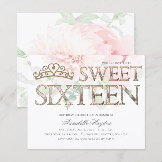 Budget Pink Gold Tiara Floral Sweet 16 Uitnodiging (Voorkant / Achterkant)