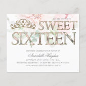 Budget Pink Gold Tiara Floral Sweet 16 Uitnodiging (Voorkant)
