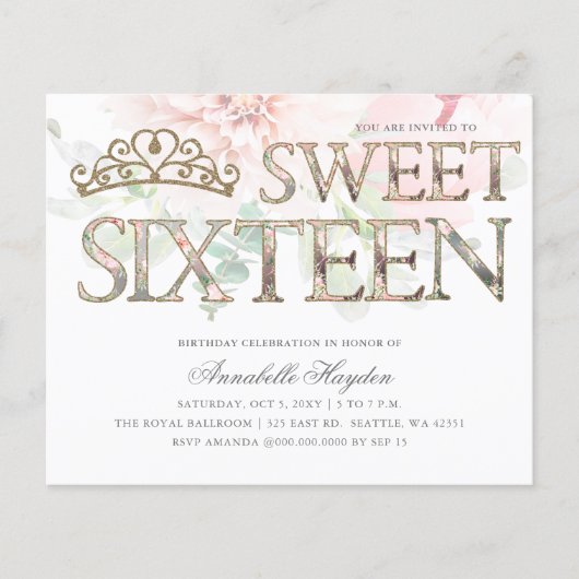 Budget Pink Gold Tiara Floral Sweet 16 Uitnodiging (Voorkant)