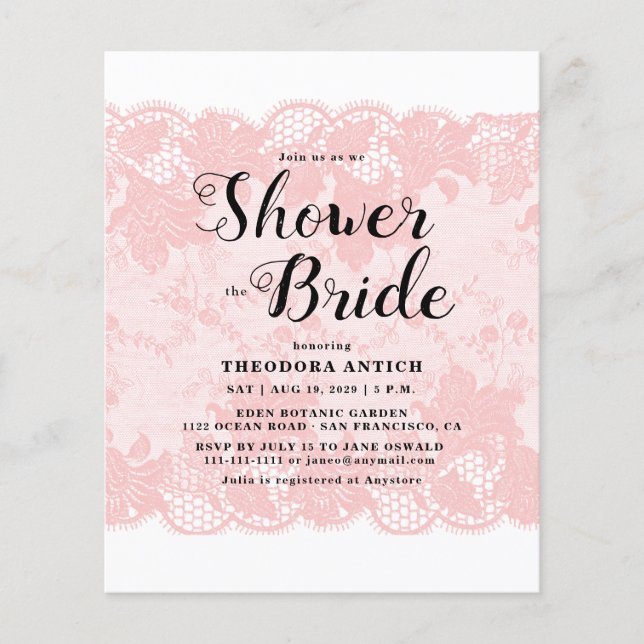 Budget Pink Lace Bridal Shower Invitation (Voorkant)