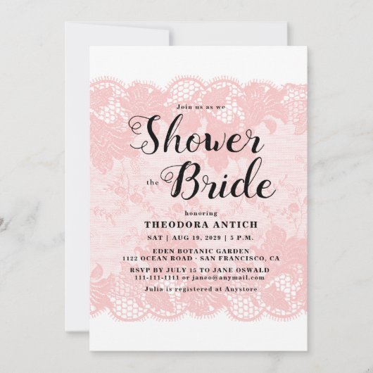 Budget Pink Lace Bridal Shower Invitation Kaart (Voorkant)