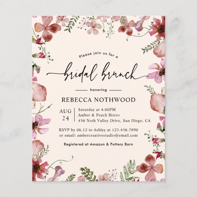Budget Pink Magenta Flora Bridal Brunch Invitation (Voorkant)