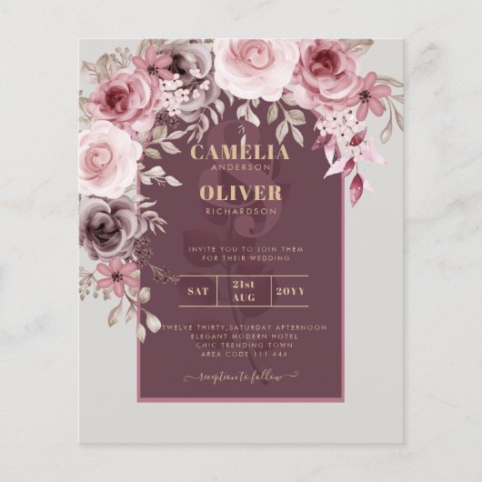 BUDGET Pink Maroon Wine Floral Wedding INVITE Flyer (Voorkant)