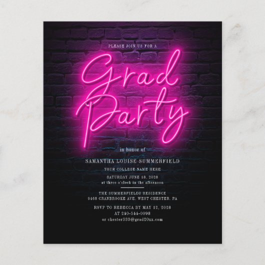 Budget Pink Neon Foto GraduPartij Uitnodiging (Voorkant)