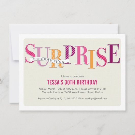 Budget Pink Patterned Surprise Party Kaart (Voorkant)