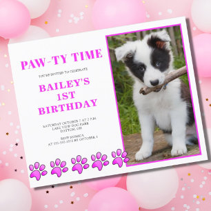 Budget Pink Pawty Time Hond Verjaardag Uitnodiging
