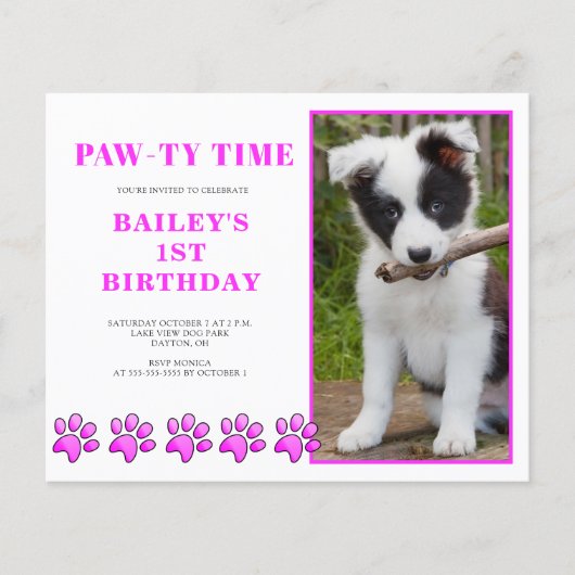 Budget Pink Pawty Time Hond Verjaardag Uitnodiging Flyer (Voorkant)