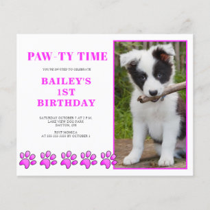 Budget Pink Pawty Time Hond Verjaardag Uitnodiging Flyer