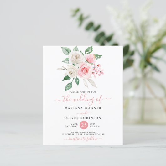 Budget Pink Peach Waterverf Floral Wedding Invite (Staand voorkant)