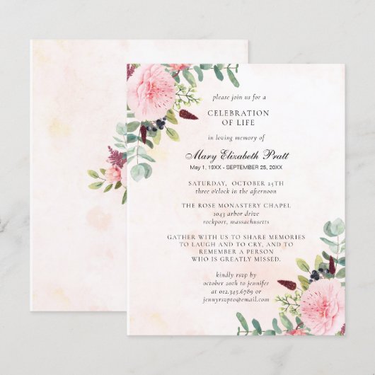 Budget Pink Peony Eucalyptus Funeral Invitation (Voorkant / Achterkant)
