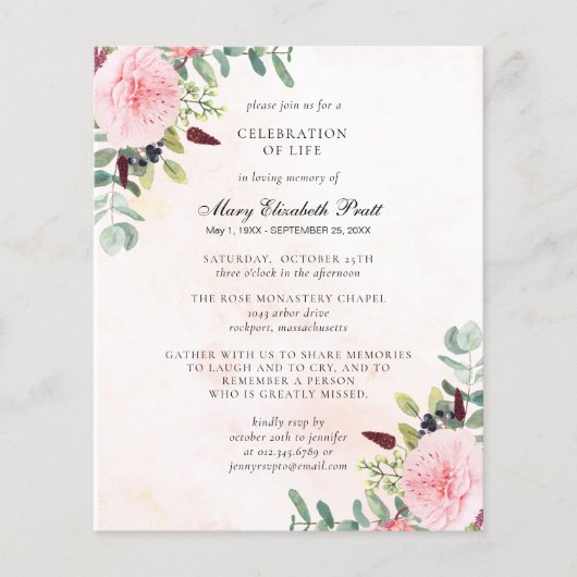 Budget Pink Peony Eucalyptus Funeral Invitation (Voorkant)