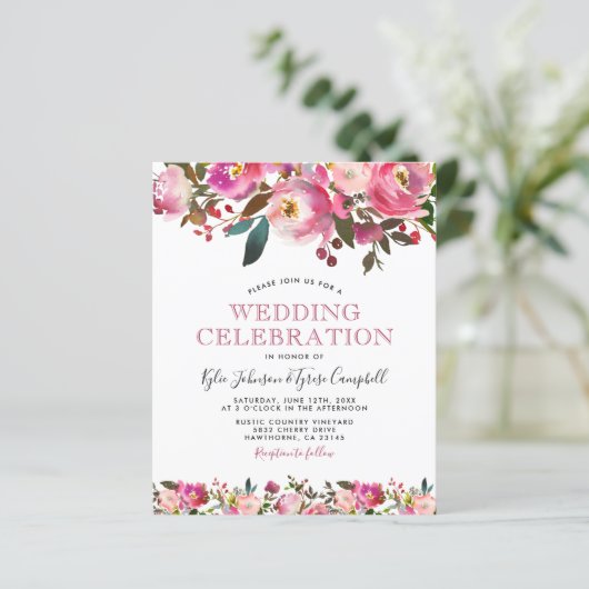 Budget Pink Peony Floral Wedding Invitation (Staand voorkant)